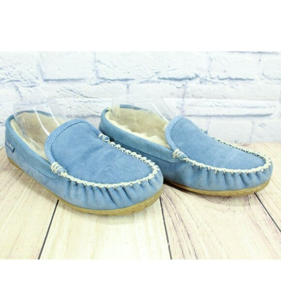 LL Bean Blue Suede Wicked Good Shearling Lined Venetian Slippers Size 8 M - Picture 3 of 9